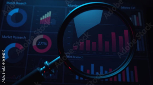 A magnifying glass over a screen displaying market research data and financial analysis charts shown created with generative ai
