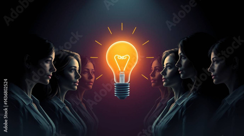 A bright light bulb illuminates a group of women in dark suits, representing teamwork and innovation ideas created with generative ai