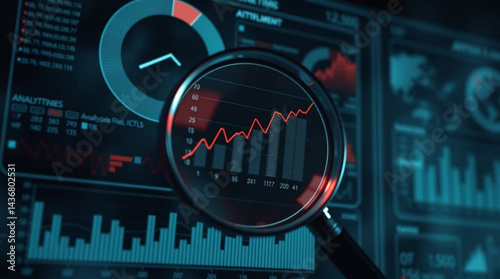 Magnifying glass focusing on a stock market chart with a red line and bar graphs on a digital screen created with generative ai