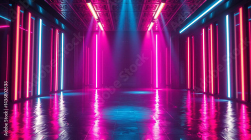 Illuminated corridor with pink and blue neon lights reflecting on the glossy floor creating a futuristic vibe created with generative ai