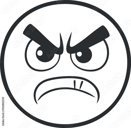 Black and white cartoon angry face emoji with furrowed eyebrows and frowning mouth showing frustration and displeasure