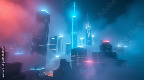 Futuristic cityscape illuminated with neon lights shrouded in a layer of atmospheric fog and mist effect created with generative ai