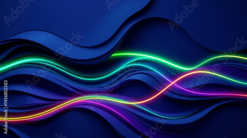 Abstract dark blue background with wavy layers and colorful glowing neon lines flowing across it created with generative ai