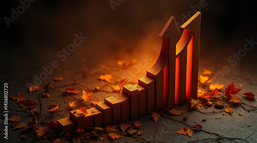 Golden upward trend graph with autumn leaves scattered on the ground in a dark ambient setting created with generative ai
