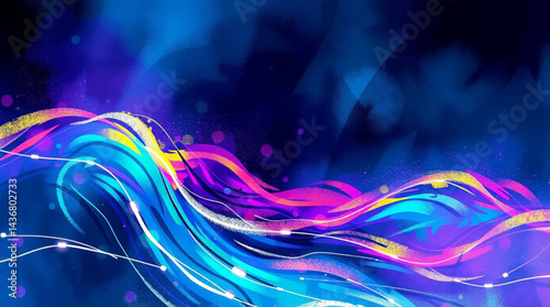 Abstract waves of vibrant colors flowing against a dark blue background with light streaks and particles created with generative ai