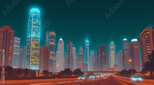 Cityscape at night with illuminated skyscrapers and cars on the road creating a modern urban scene created with generative ai