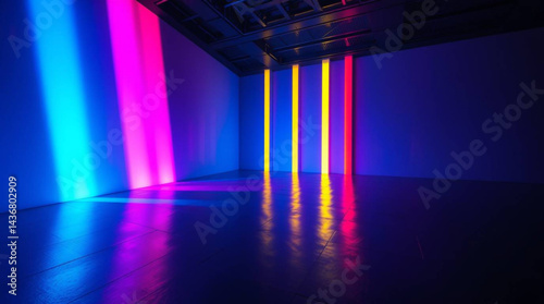 Illuminated art installation with vertical light tubes and colorful reflections in a dark room space created with generative ai