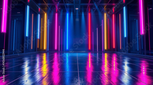 Illuminated stage with vibrant neon lights and reflective floor creating a futuristic ambiance look created with generative ai