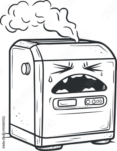 Black and white cartoon illustration of a broken toaster emitting smoke with crying expression