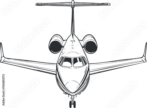 Front view illustration of a private jet airplane showing wings and engines for aviation and travel concepts