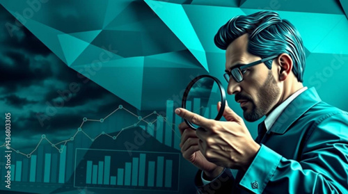 Man in suit examining financial data with magnifying glass against geometric background in teal tones created with generative ai