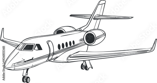 Black and white line drawing of a private business jet airplane with wings, engines, and landing gear visible