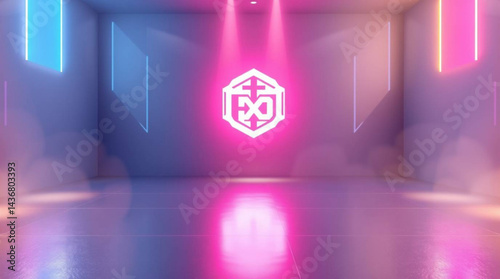 Illuminated stage with a glowing logo and neon lights creating a vibrant and modern atmosphere design created with generative ai