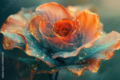 A mesmerizing close-up of a rose, adorned with glistening droplets and metallic hues.