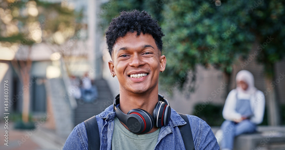 Student, smile and portrait at college for education, excited and pride for academic achievement. Man, happy and headphones on campus for knowledge, development and university scholarship opportunity Student, smile and portrait at college for education, excited and pride for academic achievement. Man, happy and headphones on campus for knowledge, development and university scholarship opportunity