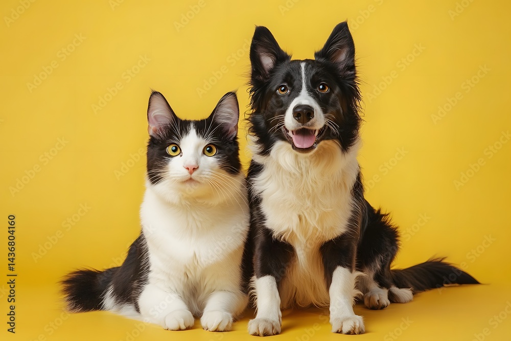 Cat and dog posing together against a bright yellow background, showcasing friendship and companionship between different animal species in a studio setting Cat and dog posing together against a bright yellow background, showcasing friendship and companionship between different animal species in a studio setting