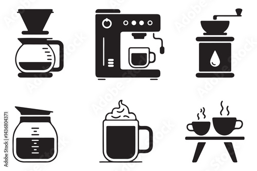 Collection of Black and White Coffee Making Equipment Icons