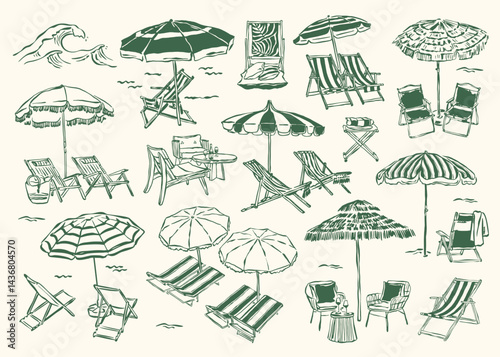 Sketch style collection of lounge chairs. Travel and vacation doodles.