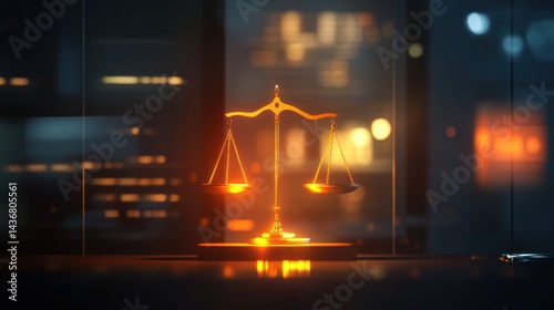 Golden scales of justice, night office, legal concept photo