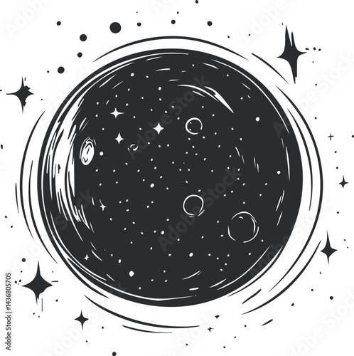 Black and white illustration of a planet surrounded by stars in outer space with cosmic details