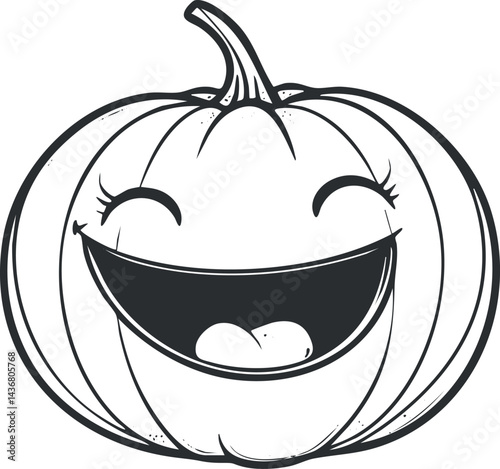 Black and white cartoon illustration of a smiling pumpkin with a happy face perfect for Halloween or autumn themes.