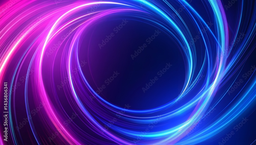 Obraz premium Abstract light circle with vibrant blue and pink streaks on a dark background, creating a dynamic and futuristic visual effect