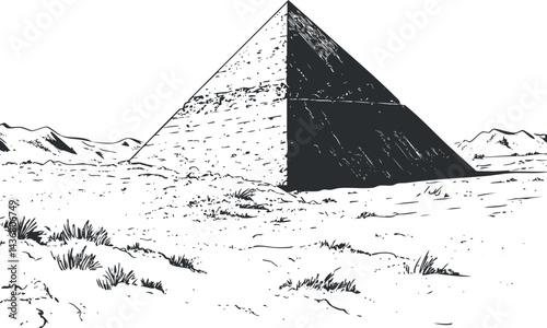 Black and white illustration of an ancient pyramid in a desert landscape with surrounding hills and sparse vegetation.