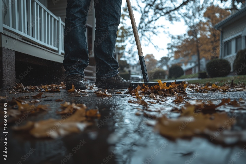 A man cleaning wet leaves in a residential area during autumn, showcasing the vibrant fall colors. A man cleaning wet leaves in a residential area during autumn, showcasing the vibrant fall colors.
