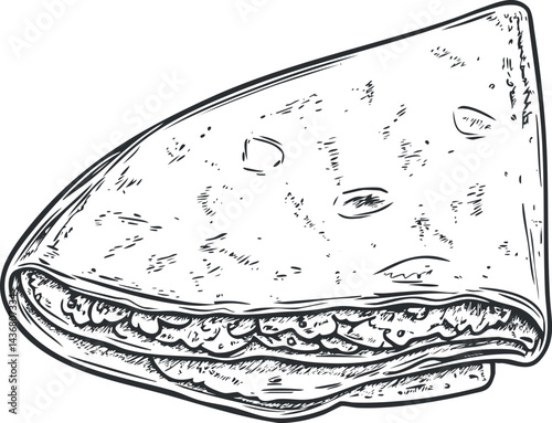 Hand-drawn sketch of a folded crepe showing texture and filling inside, isolated on white background.