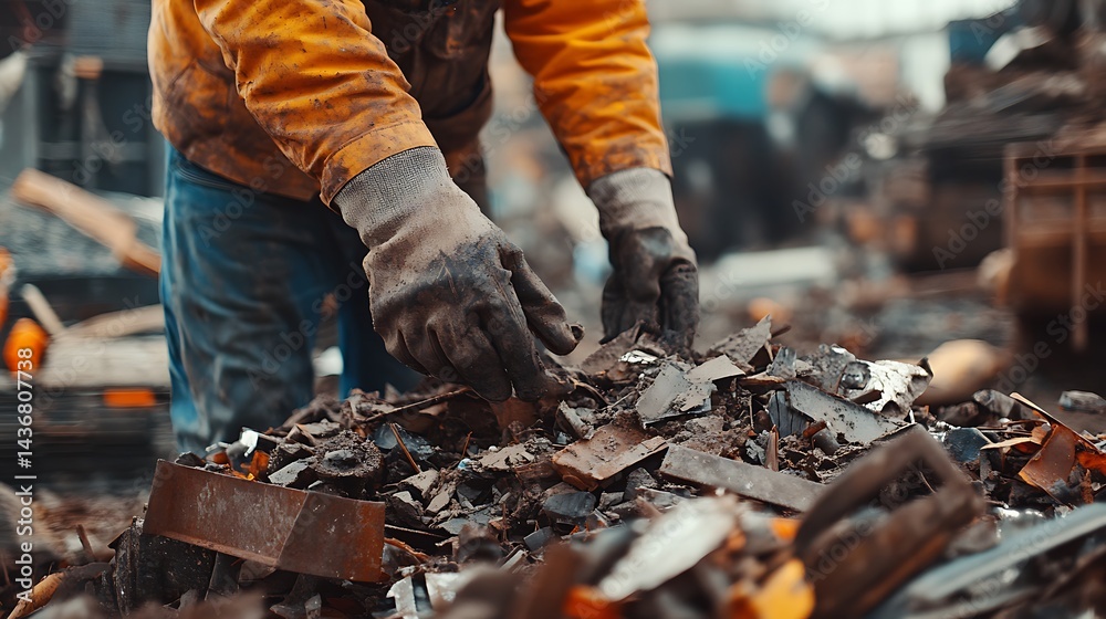 Fototapeta premium Worker Sorting Scrap Metal in a Recycling Yard