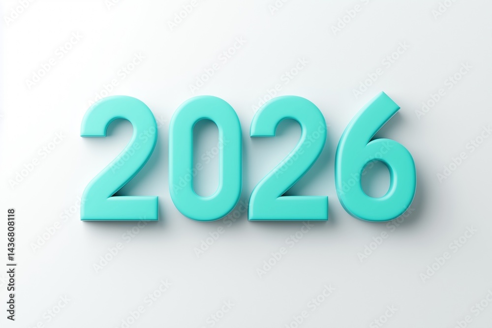 Render of smooth turquoise 2026 text on a light background showcasing the upcoming year Render of smooth turquoise 2026 text on a light background showcasing the upcoming year