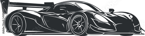 Sleek black and white vector illustration of a modern racecar with aerodynamic design and large spoiler