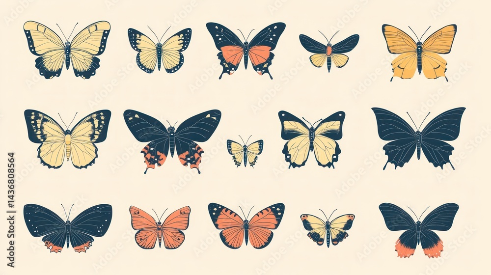 Fototapeta premium Colorful butterfly collection; nature background; insect illustration; design element