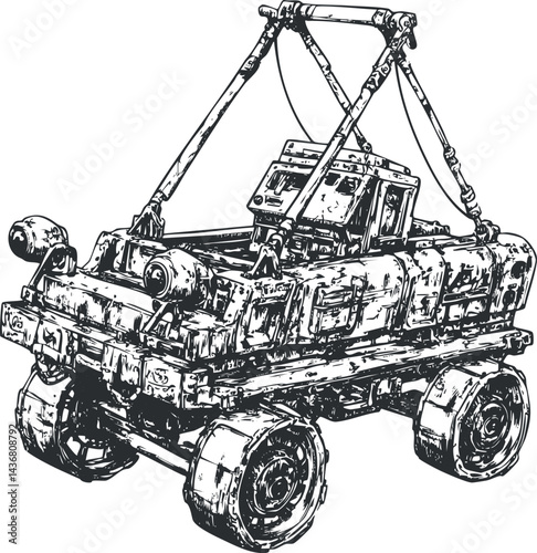 Detailed black and white sketch of a Mars rover robotic vehicle used for space exploration and scientific research