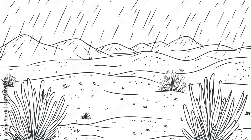 Fototapeta premium Black and white illustration of a desert landscape with mountains in the background and rain falling.