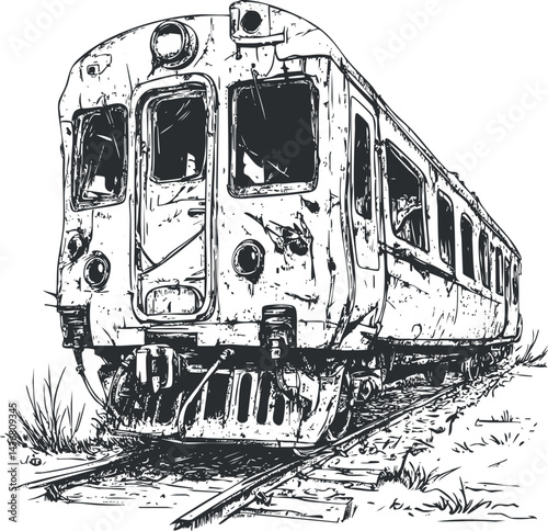 Black and white sketch of an old vintage train on railway tracks surrounded by grass and nature.