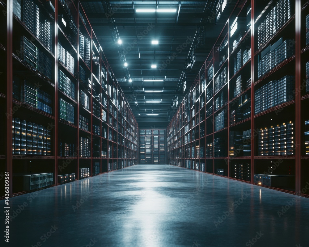 Fototapeta premium A vast data center filled with rows of server racks, illuminated under bright overhead lights.