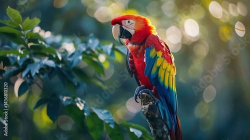 Stunning scarlet macaw perched on a high rainforest branch vibrant red blue and yellow feathers glowing under the sunlight ultra HD wildlife photography