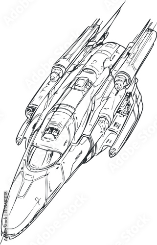 Detailed black and white line drawing of a futuristic sci-fi spaceship with aerodynamic design and engines