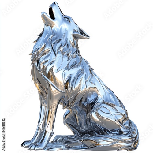 Chrome wolf sculpture howling, isolated white background;  decor, logo photo