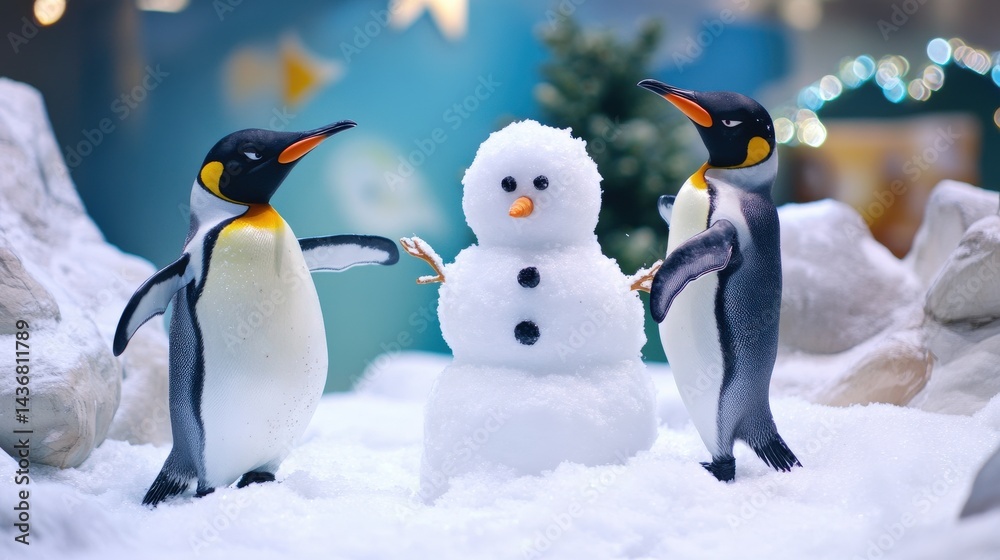 Fototapeta premium Playful penguins and a cheerful snowman in a snowy display.
