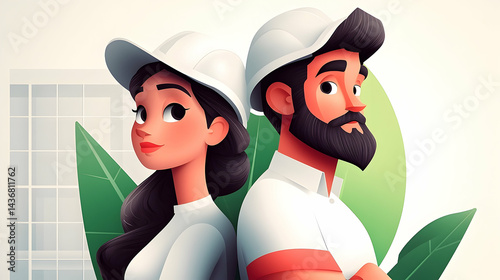 Cartoon Illustration of a Couple Wearing White Hard Hats