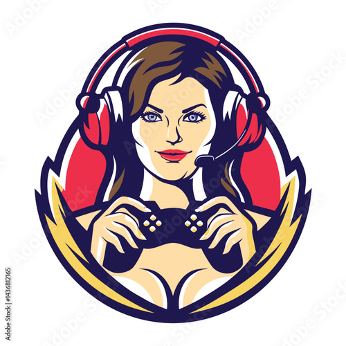 Female gamer with headphones and joystick
