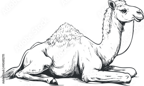 Black and white line art illustration of a sitting dromedary camel with one hump isolated on white background
