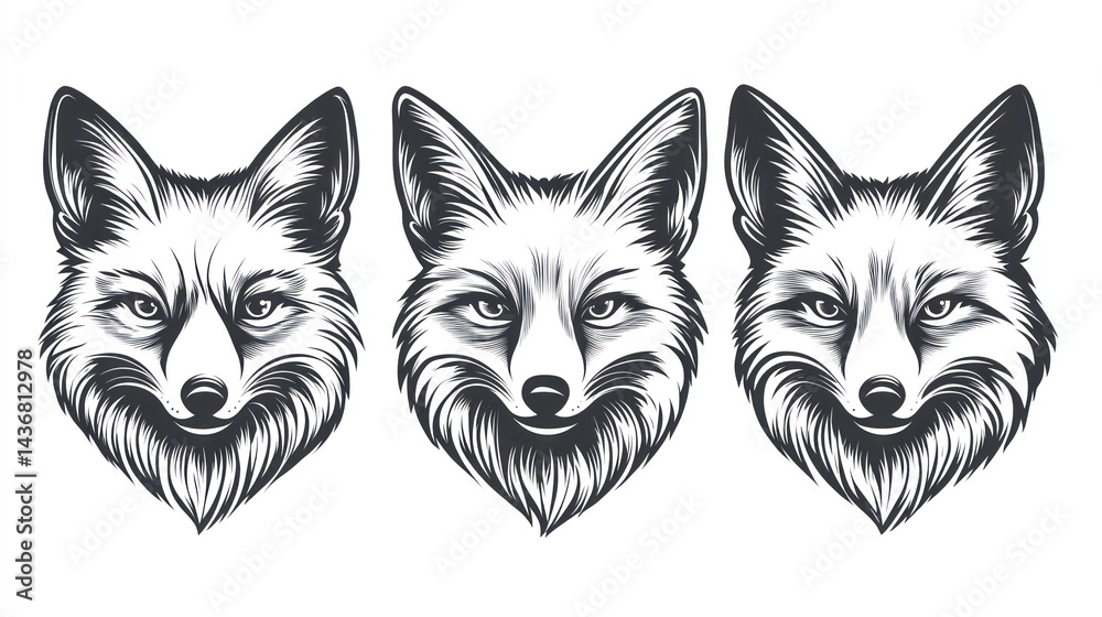 Obraz premium Three fox head illustrations, wildlife art, white background, graphic design
