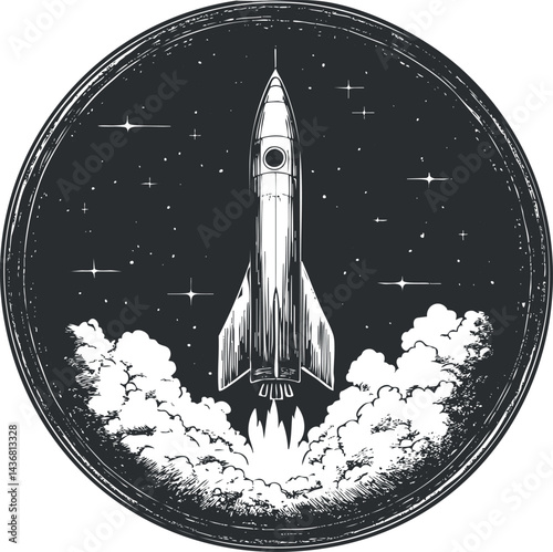 Black and white vintage style illustration of a rocket launching into starry night sky with smoke and flames