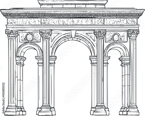 Black and white line drawing illustration of a classical stone arch with Corinthian columns and ornate decorative details.