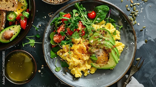 A nutritious brunch serving with fluffy scrambled eggs, a vibrant mixed salad, avocado toast, and seeds
