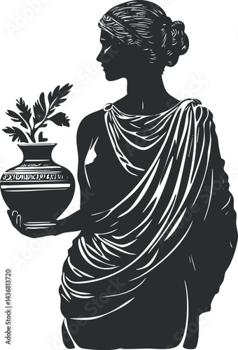 Silhouette of a classical woman in draped dress holding a decorative vase with leaves