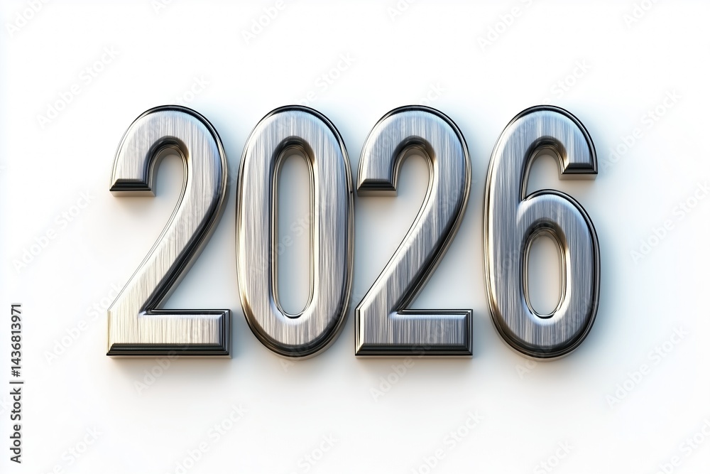 Creative render of the year 2026 presented in metallic style on a clean background Creative render of the year 2026 presented in metallic style on a clean background